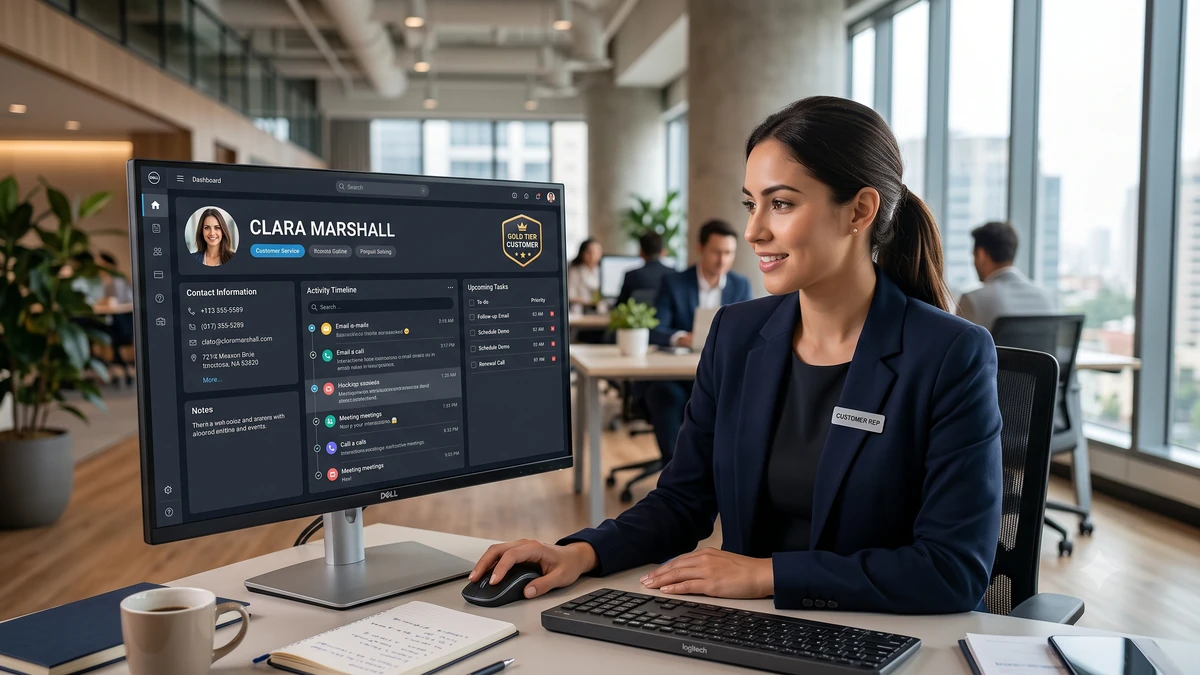 Customer relationship management interface displaying details for a contact named Clara Marshall, including activity timeline, contact information, and upcoming tasks. A badge indicating