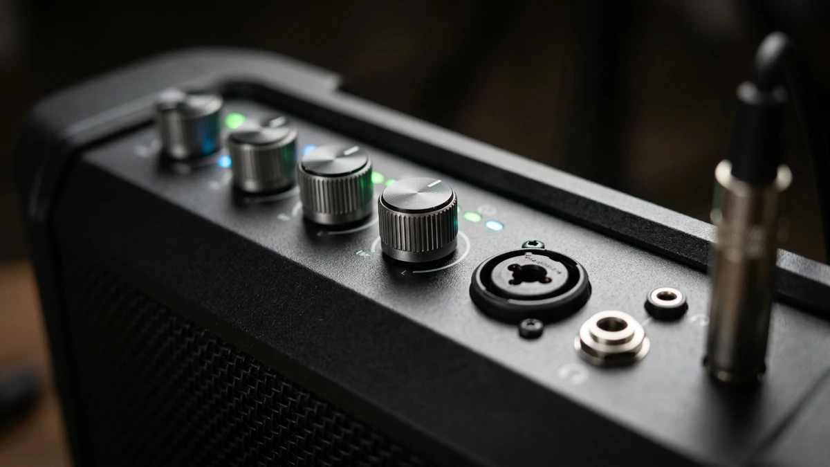 Cận cảnh bảng điều khiển mixer và núm xoay âm lượng chuyên nghiệp trên loa Celestion