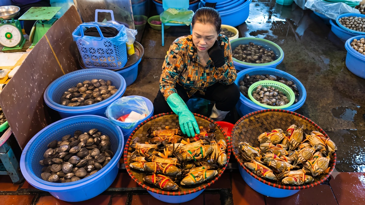 Tiểu thương bán cua biển cho biết hải sản được nhập từ tàu thuyền đánh bắt ở biển hoặc các cơ sở nuôi trồng ở Quảng Ninh nên luôn tươi và phong phú chủng loại.