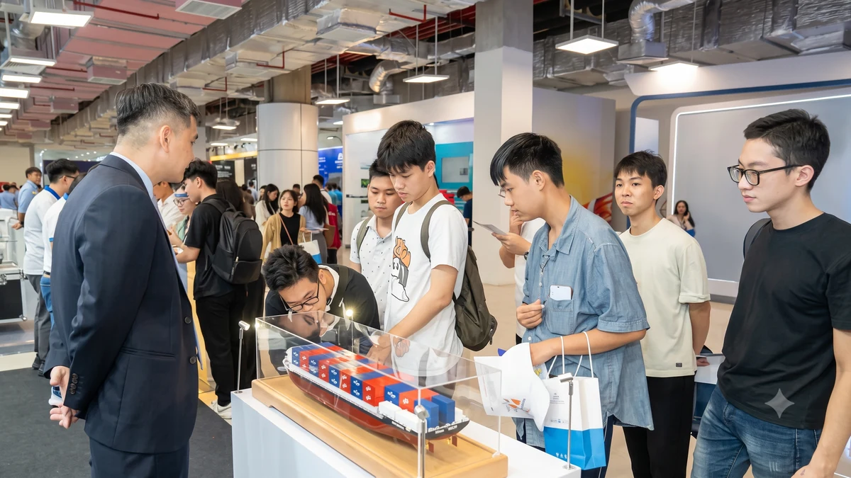 Khách tham quan tìm hiểu về công nghệ trình diễn tại Ngày hội đổi mới sáng tạo 2025. Ảnh:Lưu Quý