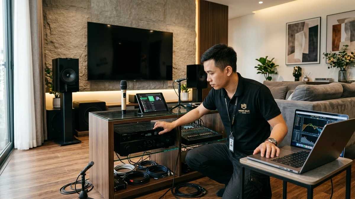 Kỹ thuật viên chuyên nghiệp trực tiếp đo đạc cân chỉnh âm thanh karaoke tại xã Phú Hòa Đông