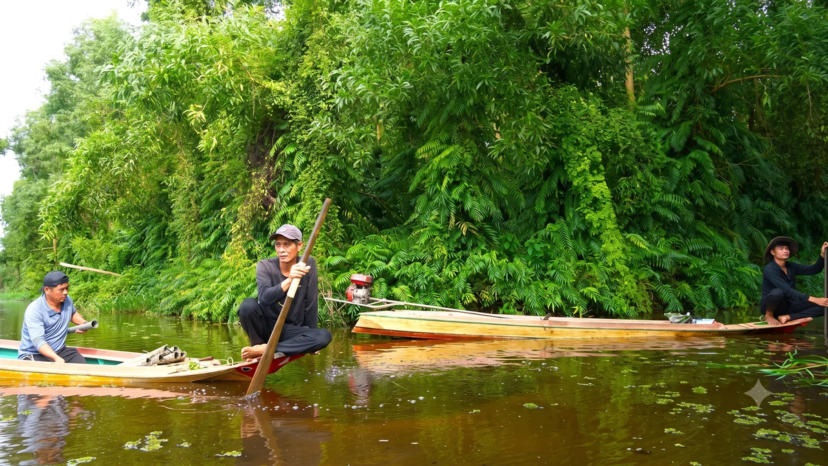 Khoảng 15h, những chiếc vỏ lãi chở nhóm thợ rừng len qua các tuyến kênh với hai bên là những vạt rừng tràm, keo lai. Người có kinh nghiệm thường quan sát màu nước, hướng gió, độ sâu và thảm thực vật để tìm những nơi lươn thường kiếm ăn để đặt trúm.Những mé kênh có cỏ, bụi rậm, lá úa thường là nơi cá nhỏ tìm đến ăn bã thực vật, từ đó thu hút lươn lớn đến săn mồi. Khi trời mưa, lươn có xu hướng tìm lên vùng nước cạn nên người thợ cũng phải thay đổi vị trí đặt bẫy theo con nước.
