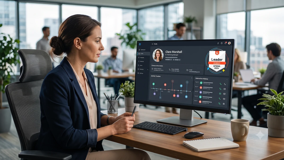 CRM interface displaying the profile of Clara Marshall, featuring contact information, activity timeline, and interaction history, alongside a badge indicating the software's leadership status in Spring 2024.