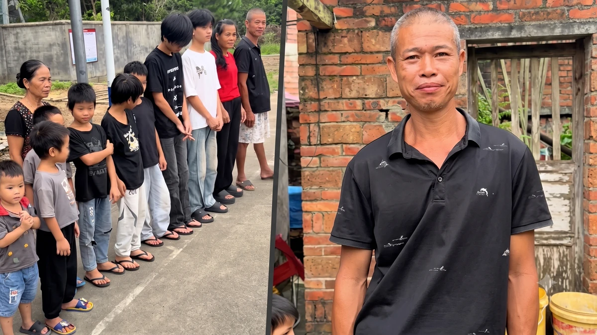 Ông Huang (phải), cùng vợ và các con trong độ tuổi 2-22 tuổi (trái) tại nhà riêng ở Khâm Châu, Quảng Tây, Trung Quốc. Ảnh:RedNote