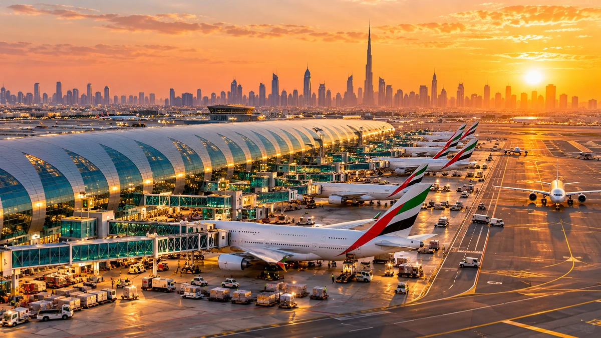 Góc rộng sân bay quốc tế Dubai với đội máy bay tại nhà ga, luồng hành khách và hoạt động khai thác nhộn nhịp, thể hiện mô hình trung tâm trung chuyển toàn cầu