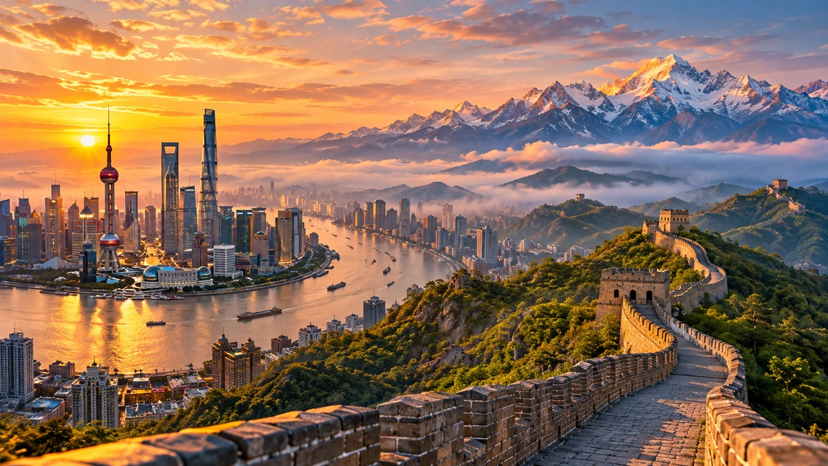 Toàn cảnh ghép giàu chiều sâu giữa đường chân trời Thượng Hải, Vạn Lý Trường Thành và núi tuyết Vân Nam, gợi hành trình khám phá các thành phố Trung Quốc được khách Việt yêu thích