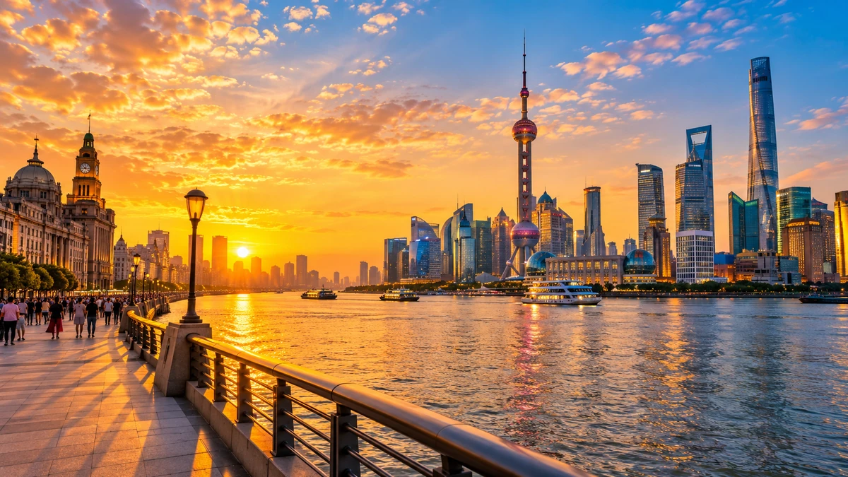 Góc rộng Bến Thượng Hải nhìn sang đường chân trời Phố Đông rực sáng bên sông Hoàng Phố, thể hiện sức hút của đô thị Trung Quốc hiện đại
