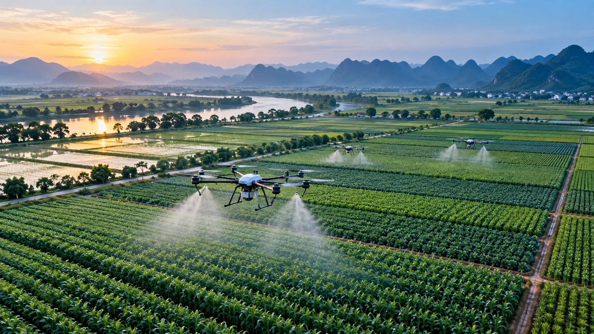 Toàn cảnh cánh đồng Việt Nam quy mô lớn nhìn từ trên cao, drone nông nghiệp đang vận hành trên các luống cây, thể hiện sự giao thoa giữa nông nghiệp truyền thống và công nghệ số năm 2026.