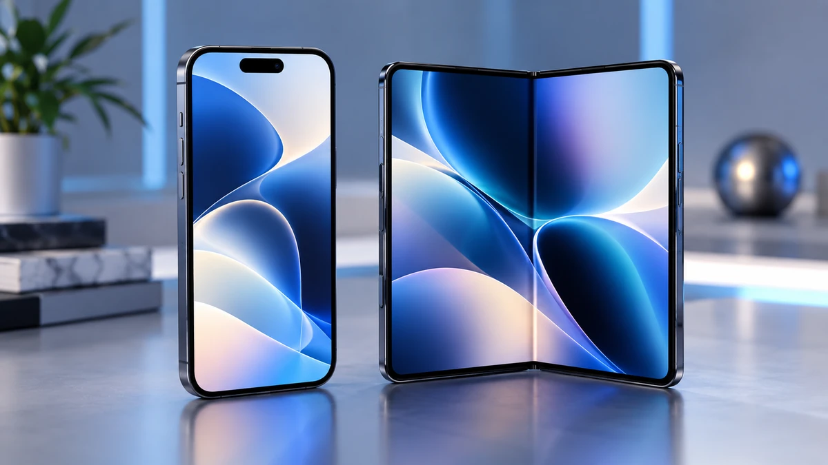 iPhone hiển thị giao diện iOS 27.2 beta 3 đặt cạnh iPhone Duo màn hình gập, nhấn mạnh hai nhánh iOS 27.1 và 27.2