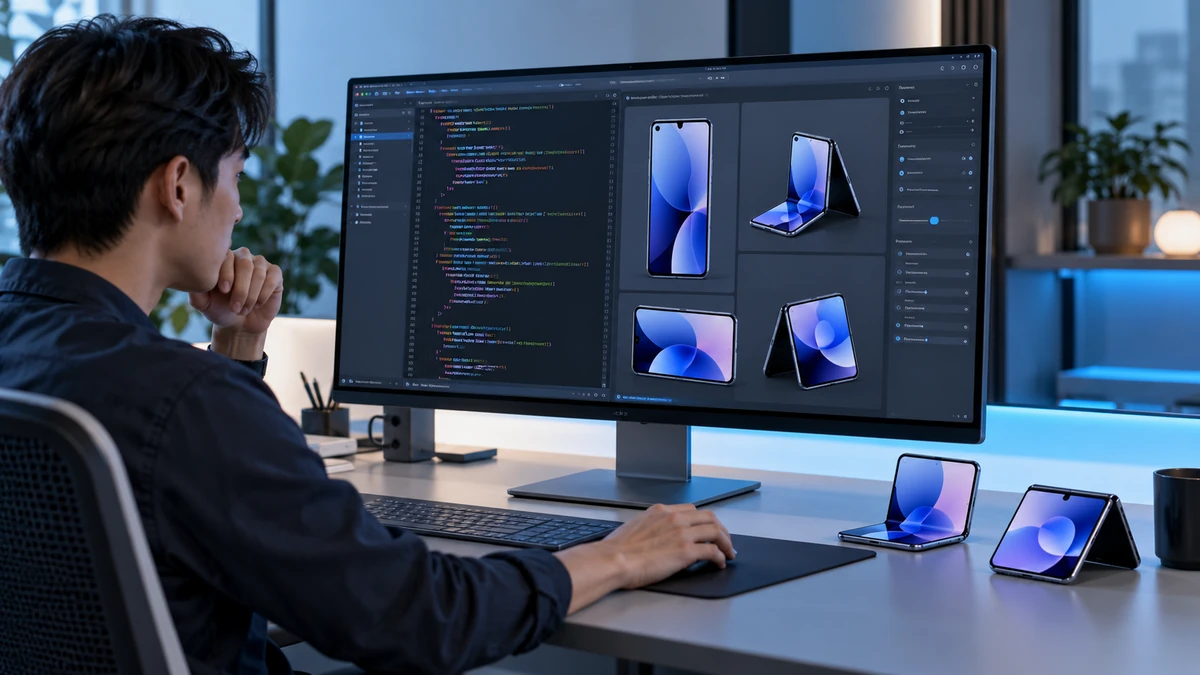 Lập trình viên kiểm thử ứng dụng trên Xcode với trình mô phỏng iPhone Duo ở nhiều tư thế màn hình gập