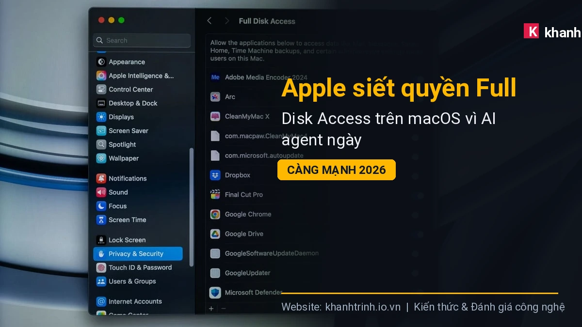 Apple siết quyền Full Disk Access trên macOS vì AI agent ngày càng mạnh 2026