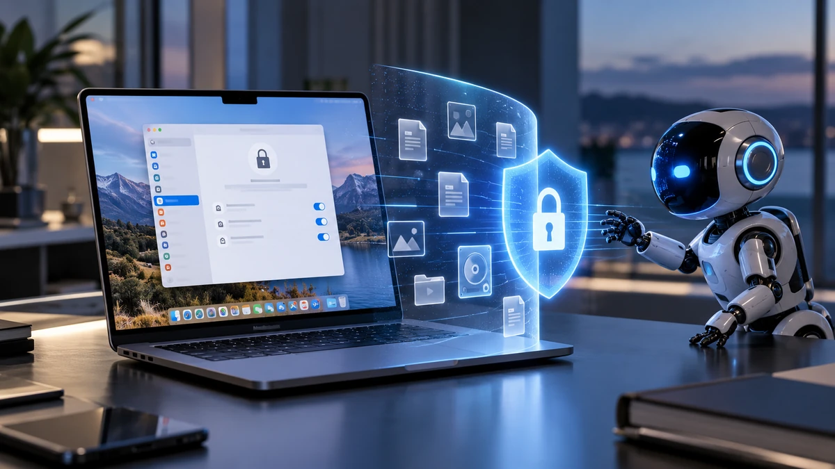 Máy Mac với giao diện Privacy & Security và biểu tượng AI agent đối diện lớp bảo vệ dữ liệu, nhấn mạnh xung đột giữa tự động hóa AI và quyền riêng tư