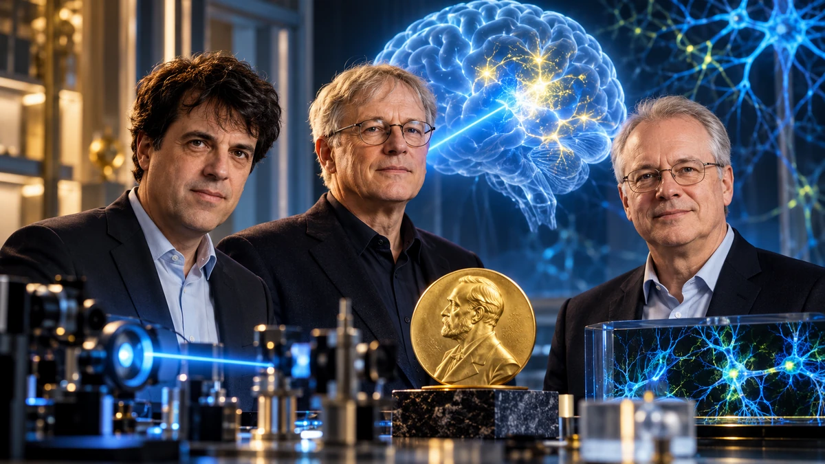 Karl Deisseroth, Peter Hegemann và Georg Nagel kết hợp cùng hình ảnh não bộ phát sáng và luồng ánh sáng xanh tượng trưng cho quang di truyền học, phong cách khoa học hiện đại