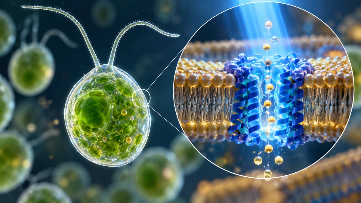 Cận cảnh tảo Chlamydomonas và mô phỏng protein channelrhodopsin trên màng tế bào mở kênh ion khi nhận ánh sáng xanh