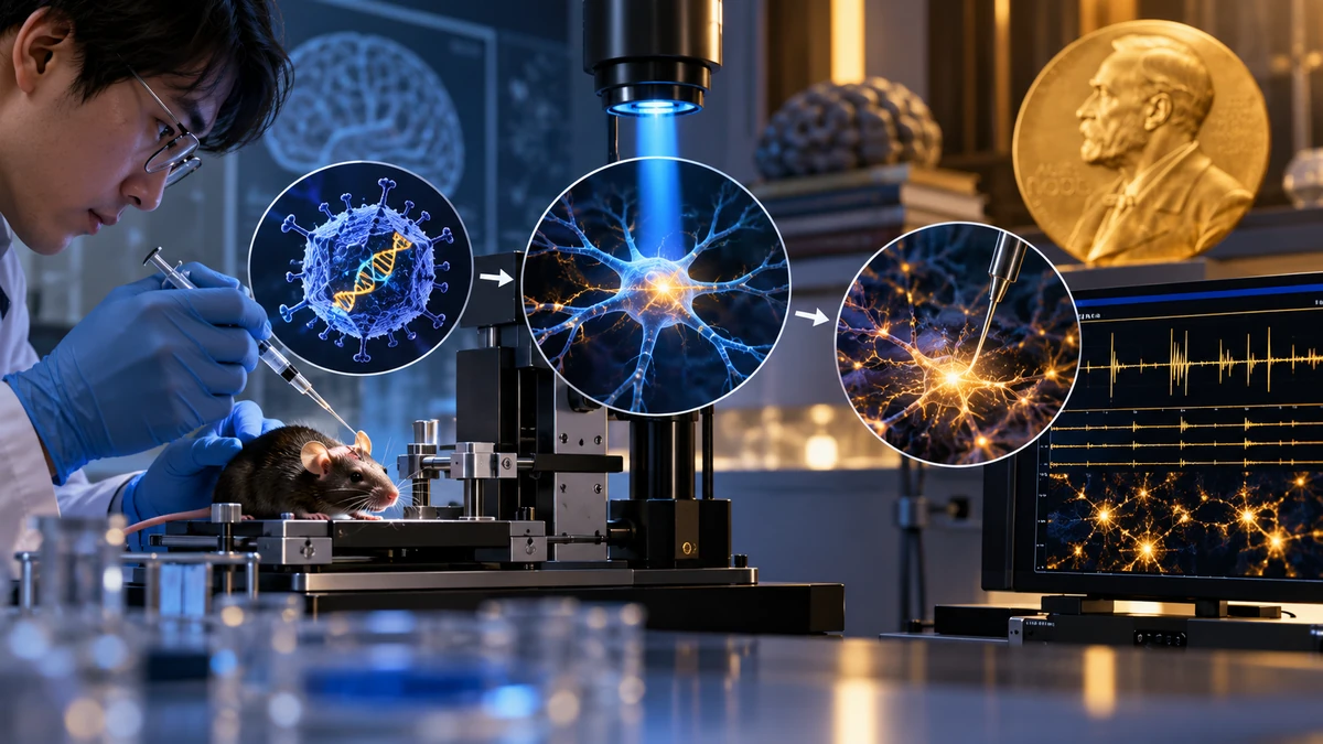 Minh họa quy trình quang di truyền học từ đưa gene protein nhạy sáng vào neuron, chiếu ánh sáng đến kích hoạt tế bào thần kinh và ghi nhận tín hiệu