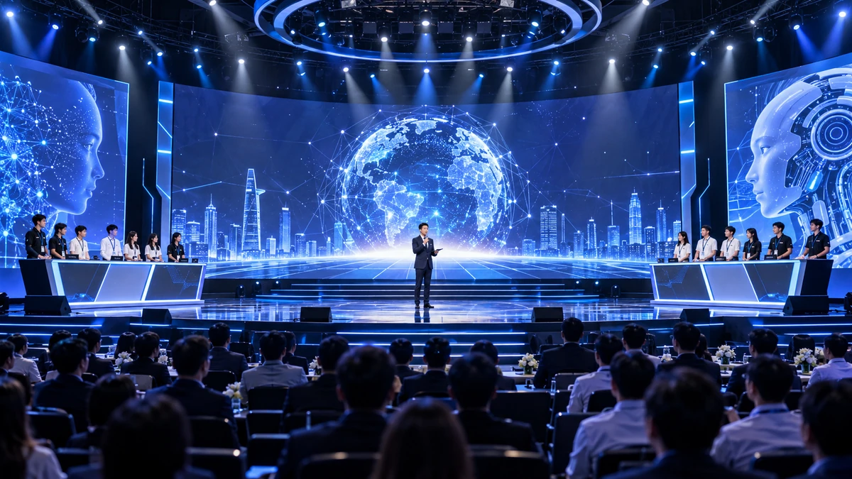 Toàn cảnh sân khấu Chung kết AI Awards 2026 với màn hình công nghệ AI, các đội thi và không khí sự kiện chuyên nghiệp tại Việt Nam