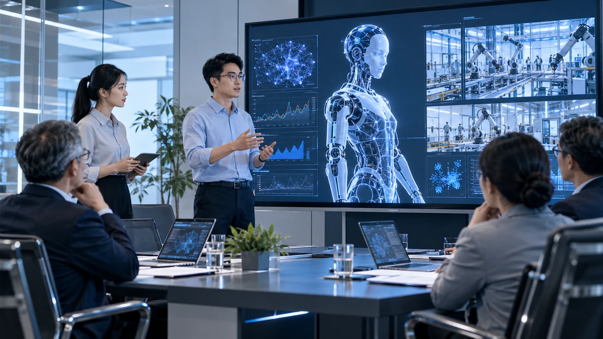 Cận cảnh một đội ngũ kỹ sư trình diễn sản phẩm AI trước hội đồng chuyên gia, màn hình hiển thị mô hình và dữ liệu vận hành thực tế