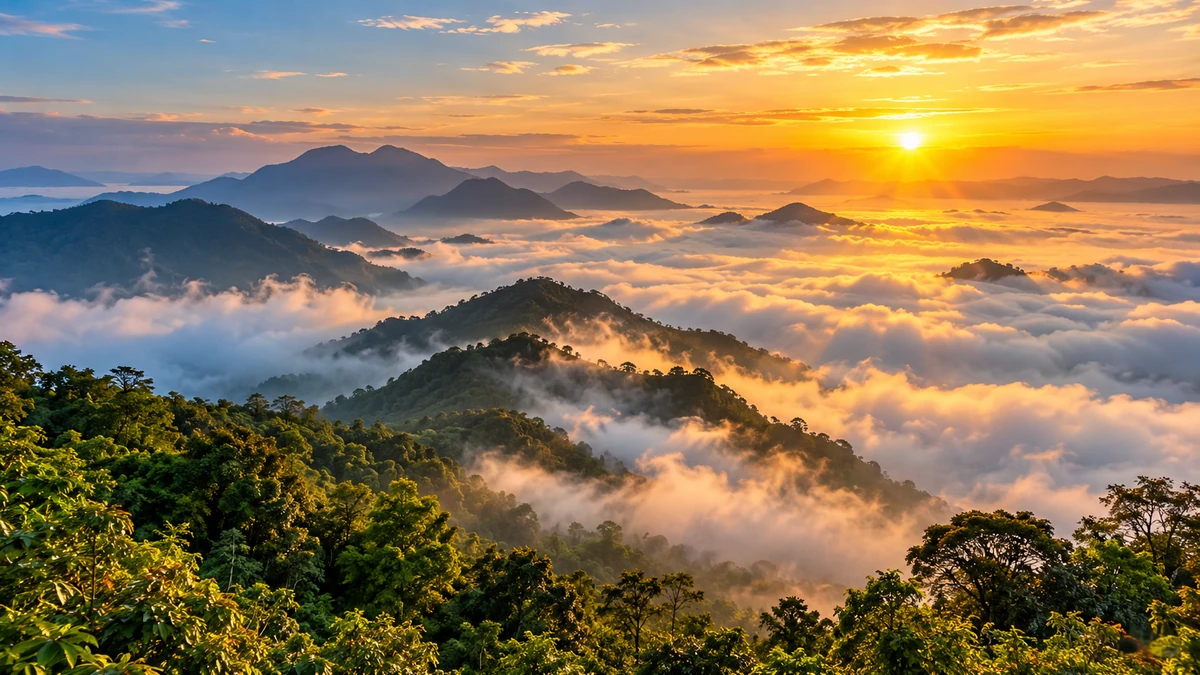 Toàn cảnh biển mây phủ các thung lũng Ba Vì lúc bình minh, các lớp núi nhô lên giữa mây và ánh nắng sớm tạo chiều sâu ấn tượng.