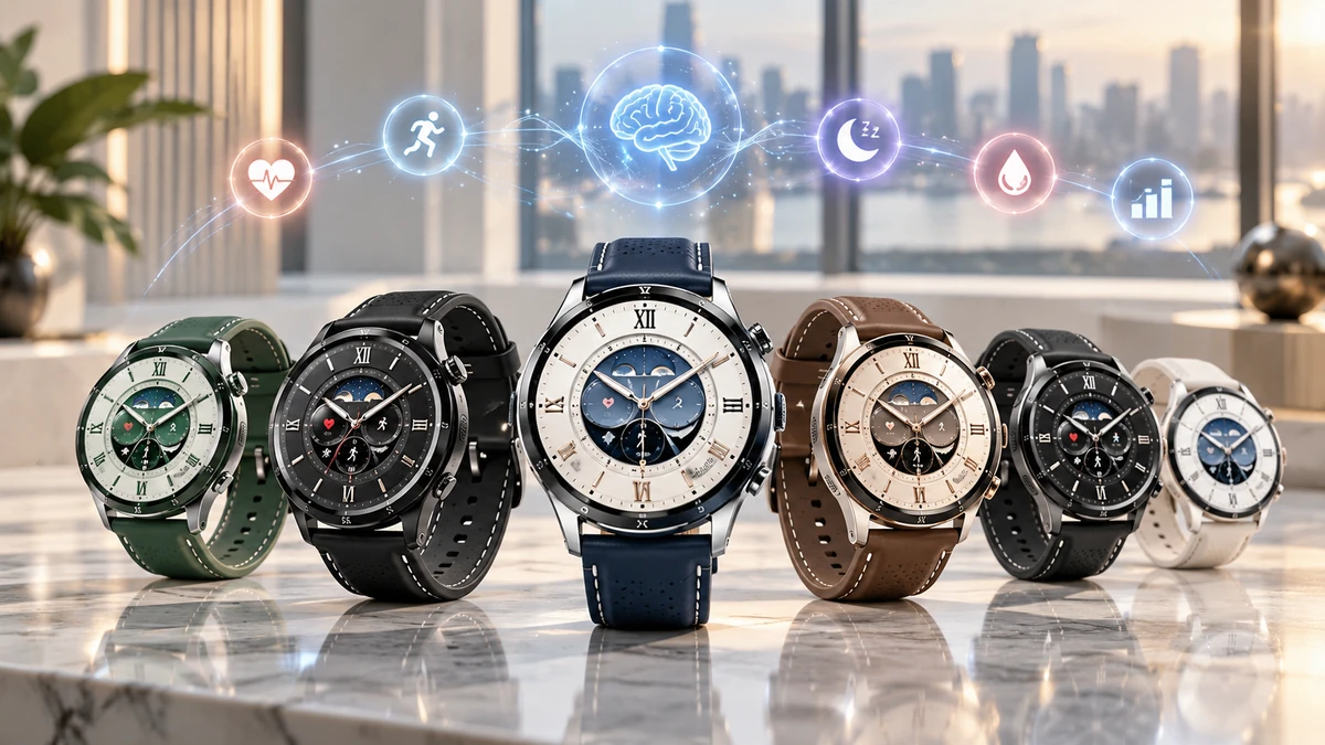 Bố cục hero cao cấp với 6 mẫu smartwatch đại diện cuộc đua công nghệ, màn hình hiển thị các chỉ số sức khỏe và hiệu ứng dữ liệu AI hiện đại.