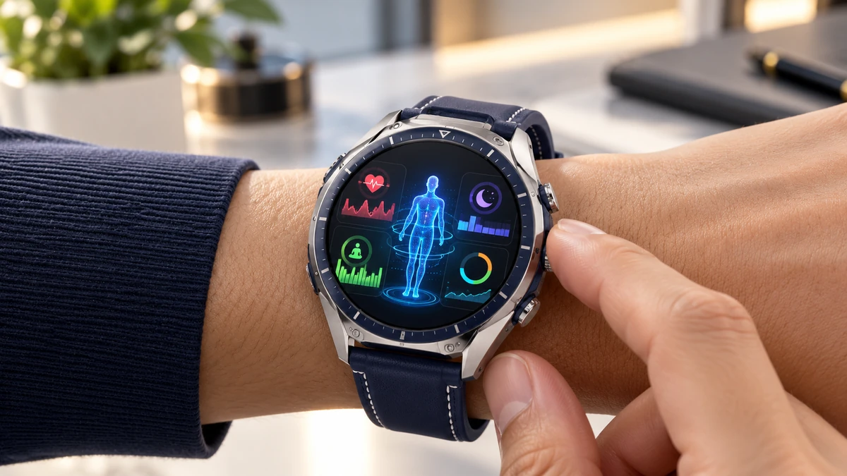 Cận cảnh một smartwatch trên cổ tay hiển thị nhịp tim, giấc ngủ, mức độ phục hồi và các lớp dữ liệu được AI phân tích.