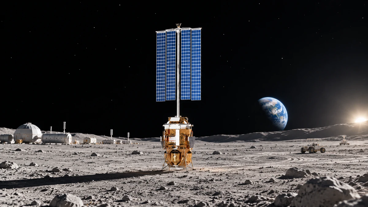 Toàn cảnh Power Tower cao vươn lên từ Blue Moon MK1 tại cực Nam Mặt Trăng, các mảng pin mở rộng đón ánh sáng sát đường chân trời, căn cứ và xe tự hành phía xa