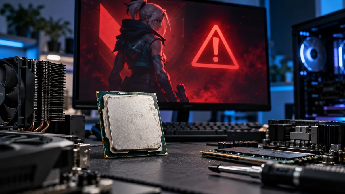 CPU đã qua sử dụng đặt trên bàn linh kiện gaming, phía sau là màn hình máy tính hiển thị cảnh báo khóa Valorant/Vanguard, tạo cảm giác rủi ro khi mua phần cứng cũ