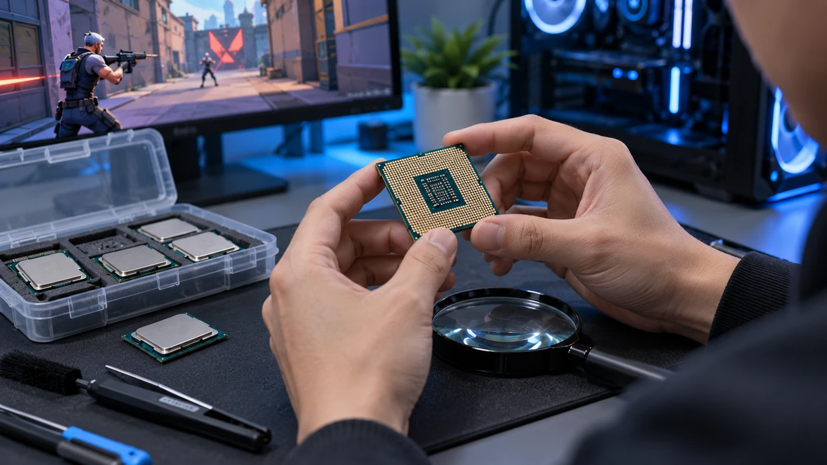 Cận cảnh CPU cũ trên tay người mua, tập trung vào bề mặt chip và chân tiếp xúc, bên cạnh hộp đựng cùng dụng cụ kiểm tra linh kiện