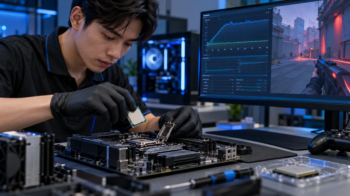 Kỹ thuật viên lắp CPU cũ vào bo mạch chủ trên bàn test, màn hình bên cạnh hiển thị phần mềm kiểm tra thông số và nhiệt độ CPU