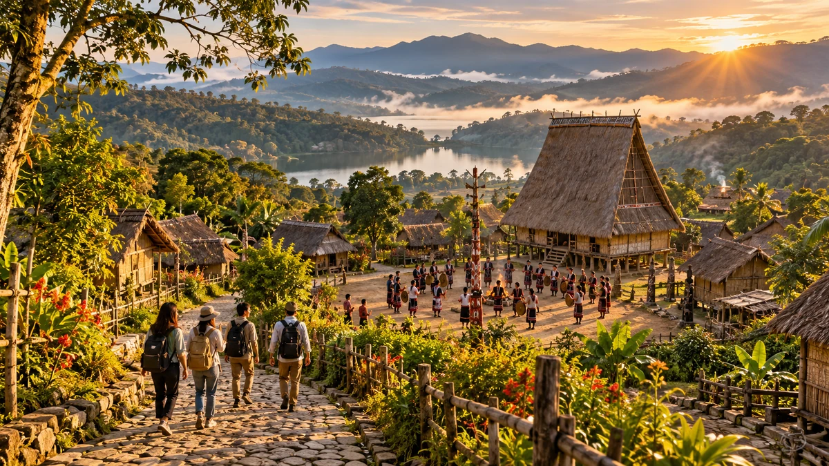 Toàn cảnh một làng du lịch cộng đồng Gia Lai giữa không gian cao nguyên xanh, nhà truyền thống, đường vào điểm đến và du khách trải nghiệm văn hóa bản địa