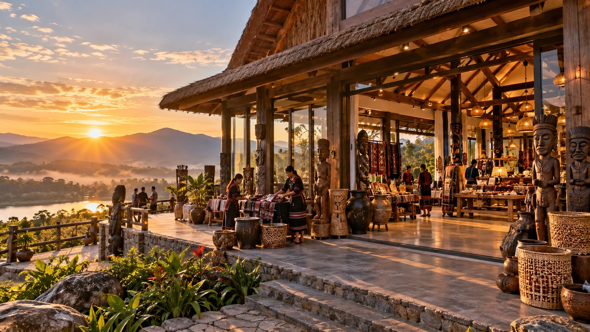 Cận cảnh khu nhà đón tiếp và trưng bày sản phẩm địa phương được đầu tư bài bản, kết hợp không gian văn hóa truyền thống Gia Lai