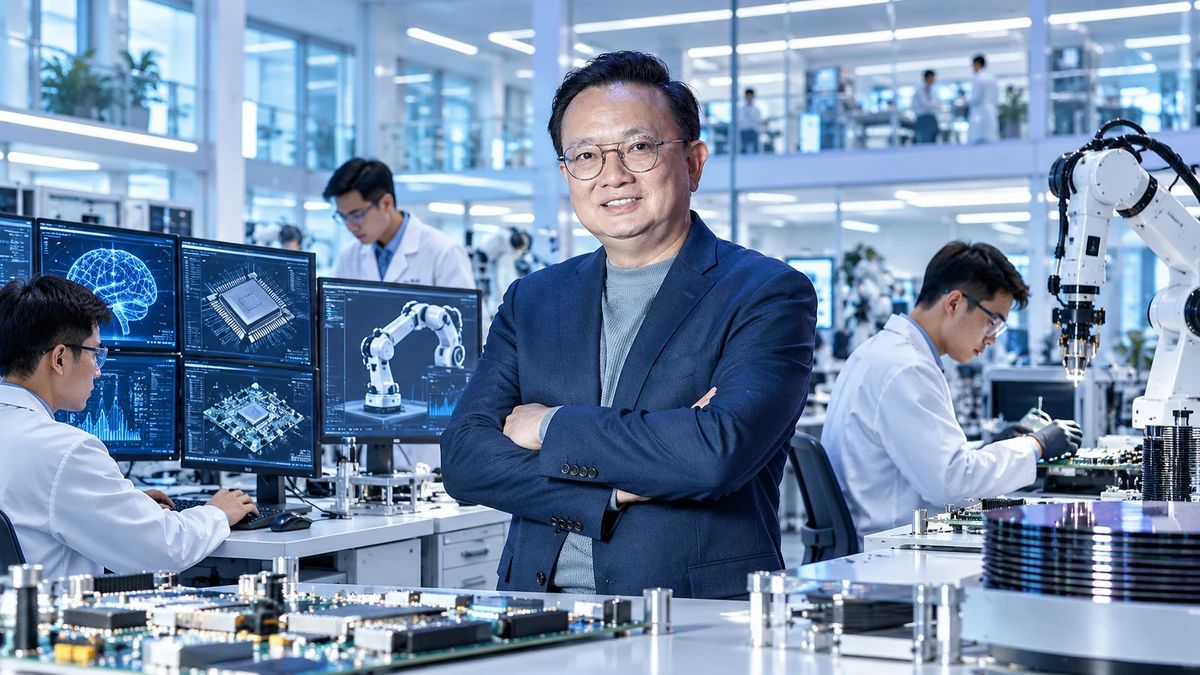Toàn cảnh trung tâm R&D công nghệ cao tại Việt Nam, kỹ sư Việt làm việc với màn hình dữ liệu AI, chip bán dẫn và robot công nghiệp, thể hiện hành trình từ gia công sang làm chủ công nghệ