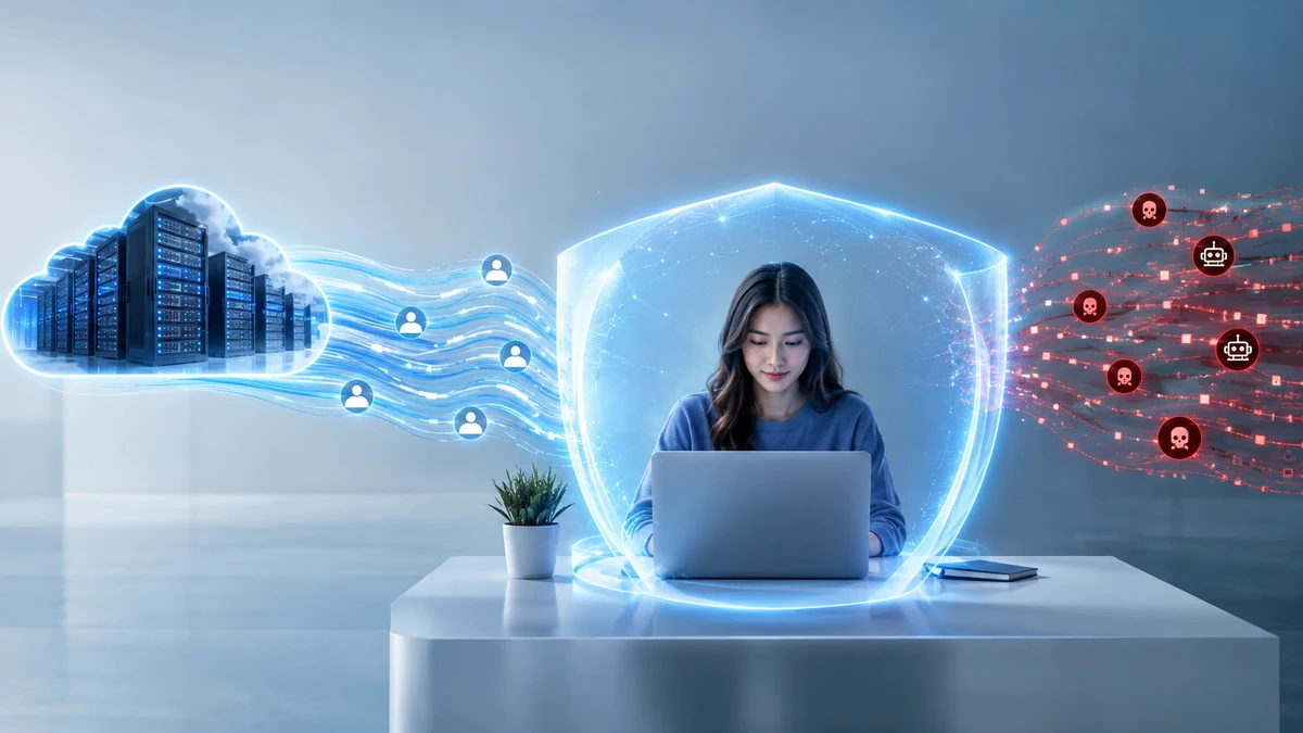 Trung tâm dữ liệu Cloudflare ở lớp edge bao quanh tài khoản người dùng bằng lá chắn số, các luồng truy cập bình thường và luồng tấn công AI được phân tích theo thời gian thực
