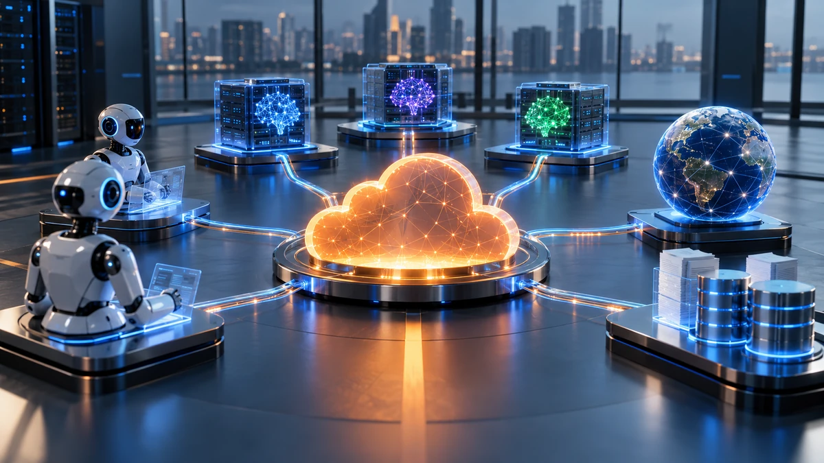 Minh họa Cloudflare AI Gateway ở trung tâm kết nối AI Agent, mô hình LLM và các nguồn dữ liệu web thời gian thực, phong cách hạ tầng công nghệ hiện đại.