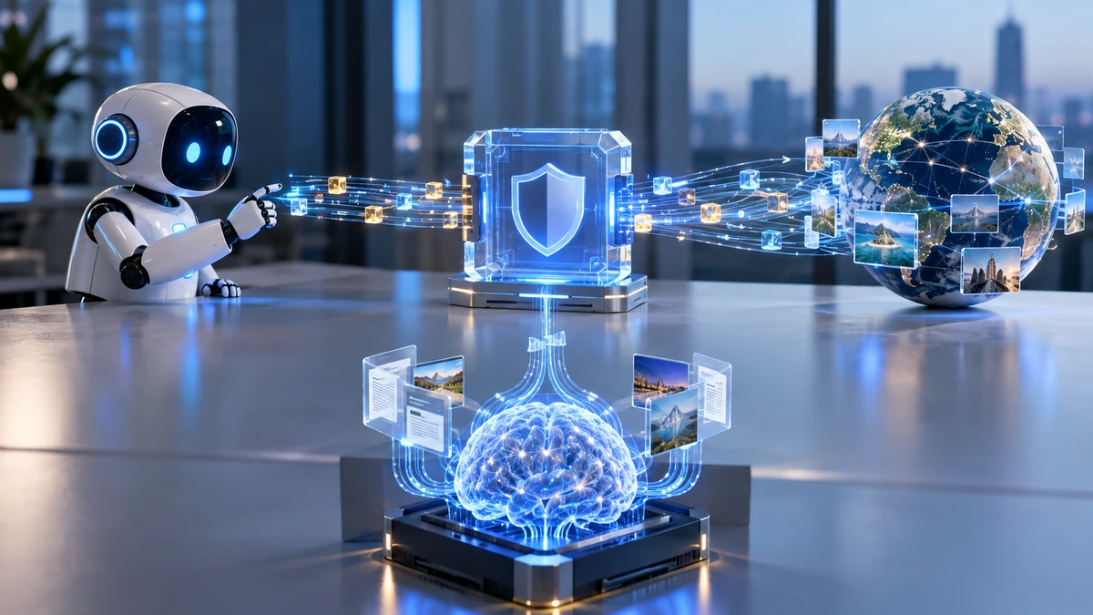Sơ đồ cận cảnh luồng AI Agent gửi truy vấn qua gateway tới Web Search API, nhận dữ liệu web rồi bổ sung vào ngữ cảnh cho LLM.