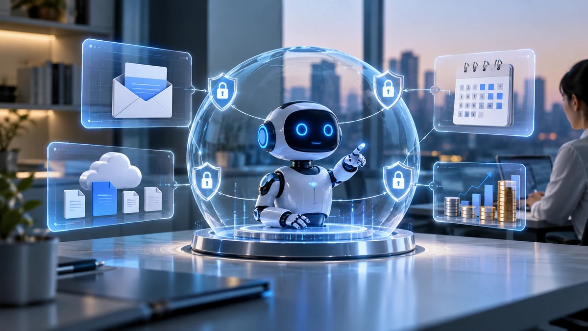 AI Agent ở trung tâm bảng điều khiển số, xung quanh là email, tệp đám mây, lịch và dữ liệu tài chính với các lớp khóa bảo mật thể hiện ranh giới giữa tiện lợi và quyền riêng tư