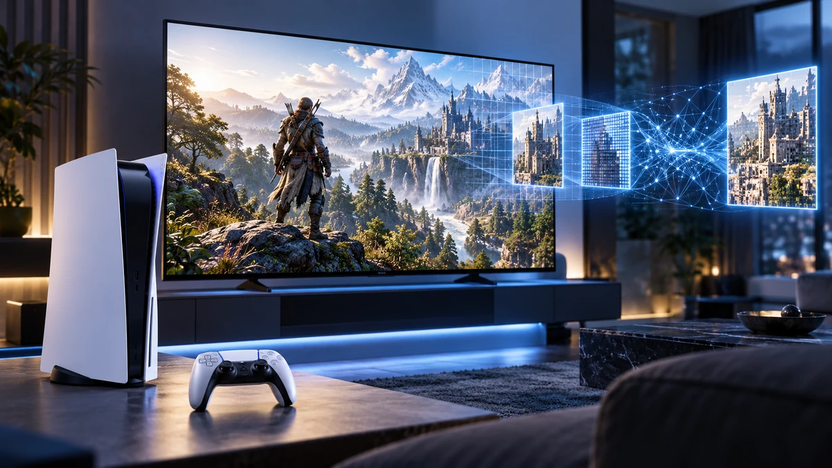 PS5 tiêu chuẩn đặt trước TV 4K đang hiển thị cảnh game AAA sắc nét, kết hợp lớp đồ họa mô phỏng mạng nơ-ron AI và quá trình tái tạo pixel QSSR, phong cách công nghệ cao cấp