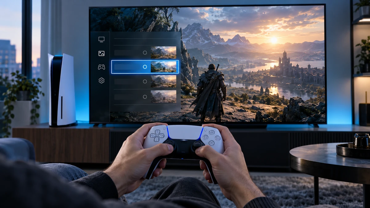 Góc nhìn người chơi cầm tay cầm DualSense trước TV, mở menu Graphics của game và lựa chọn chế độ QSSR trên PS5 tiêu chuẩn