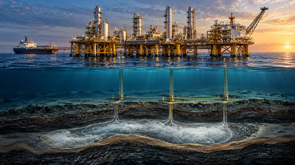 Toàn cảnh một giàn xử lý khí và thu giữ CO2 quy mô lớn giữa biển, thể hiện hệ thống công nghiệp hiện đại trên mặt nước và lớp địa chất lưu trữ CO2 bên dưới đáy biển