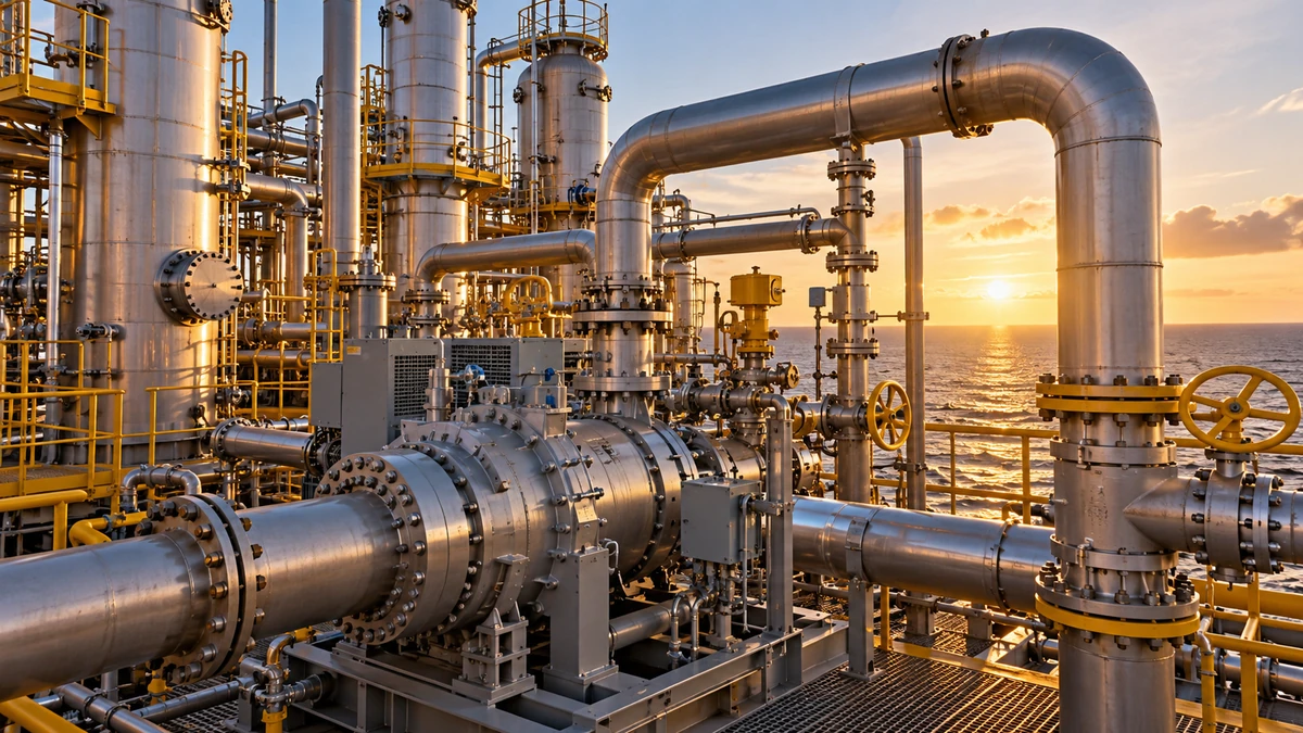 Cận cảnh cụm thiết bị tách và nén CO2 trên giàn ngoài khơi với đường ống áp suất cao, máy nén và hệ thống van công nghiệp