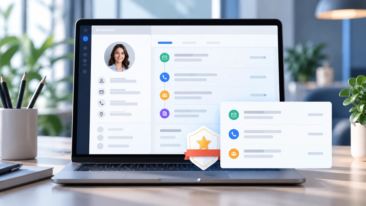 CRM interface displaying the profile of Clara Marshall, featuring contact information, activity timeline, and interaction history, alongside a badge indicating the software's leadership status in Spring 2024.
