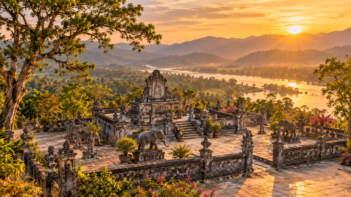 Toàn cảnh khu lăng mộ Vua Voi N'Thu Knul giữa không gian văn hóa đặc trưng Buôn Đôn, thể hiện vẻ trang nghiêm của điểm di tích