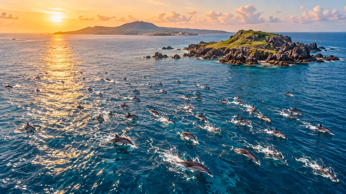 Toàn cảnh từ trên cao một đàn cá heo rất lớn cùng nổi trên mặt biển xanh quanh Hòn Tranh, phía xa là đảo Phú Quý, nhấn mạnh quy mô đàn và vẻ hoang sơ của vùng biển.
