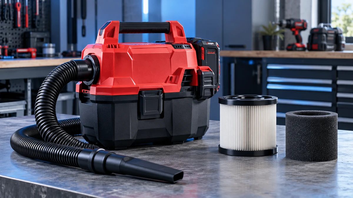 Máy hút bụi Milwaukee M18 VC2 đặt cạnh bộ lõi lọc HEPA thay thế và màng lọc xốp trên bàn kỹ thuật, bố cục rõ sản phẩm và phụ kiện