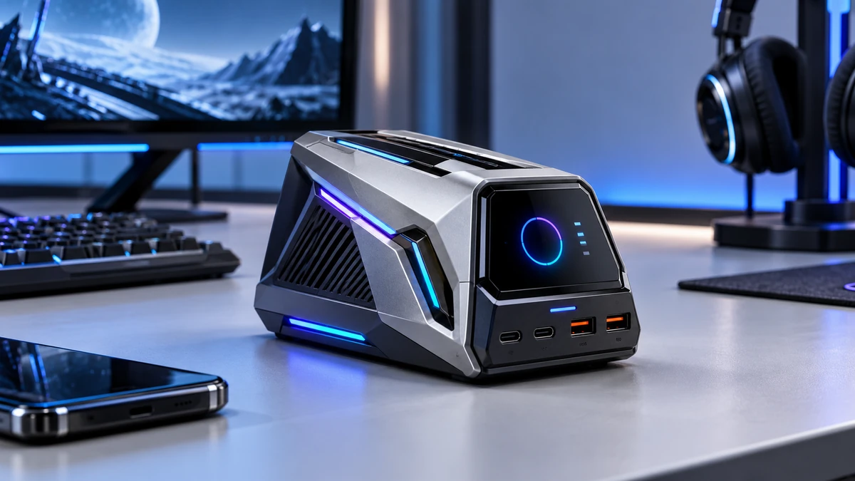 COLORFUL iGame Guard G114 140W đặt nổi bật trên bàn công nghệ hiện đại, góc chụp ba phần tư thể hiện thiết kế phi thuyền, màn hình và tổng thể thân sạc