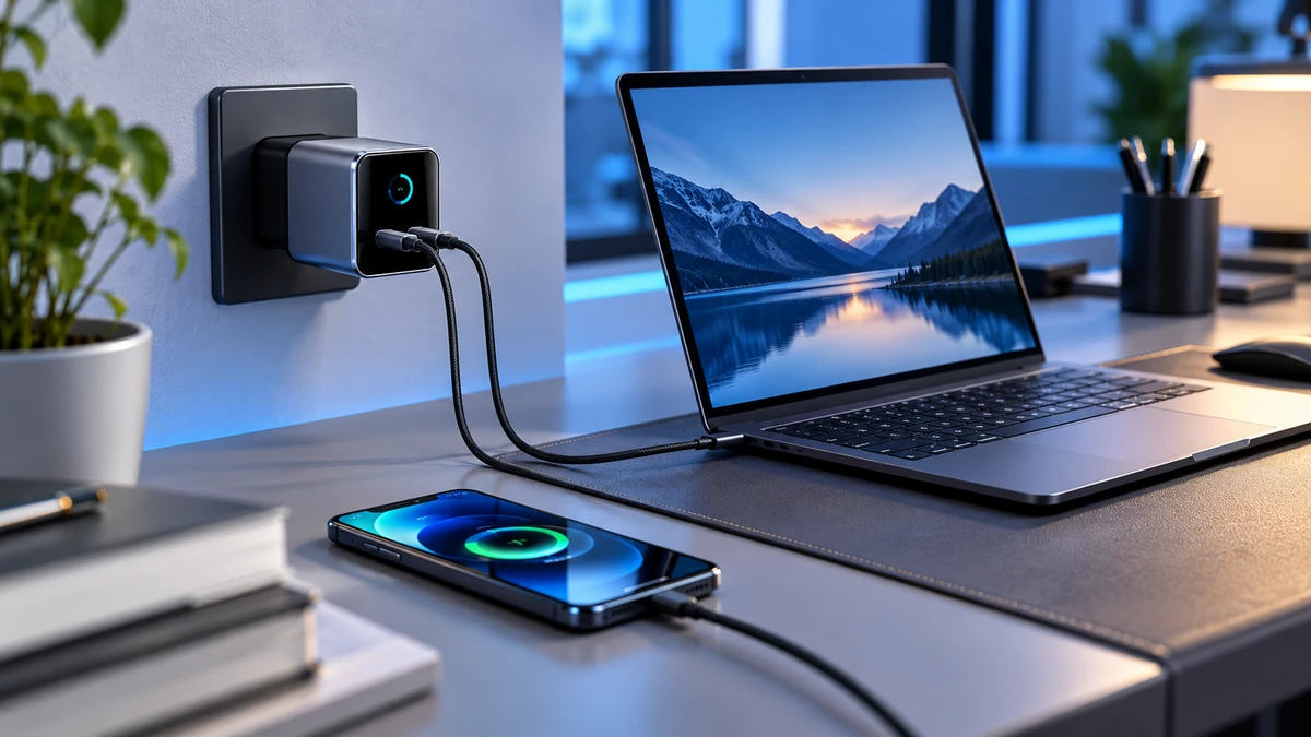 G114 đang cấp nguồn thực tế cho laptop USB-C và smartphone trên bàn làm việc, màn hình củ sạc hoạt động để minh họa trải nghiệm sử dụng