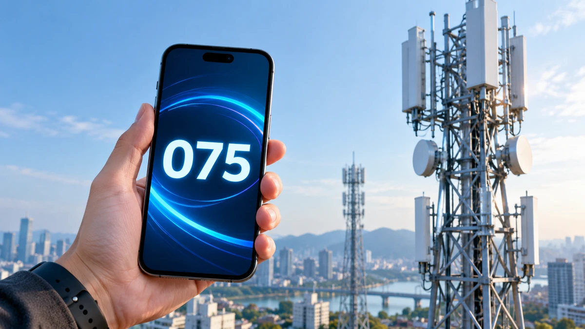 Cận cảnh màn hình smartphone hiển thị đầu số 075, phía sau là hạ tầng trạm phát sóng viễn thông hiện đại
