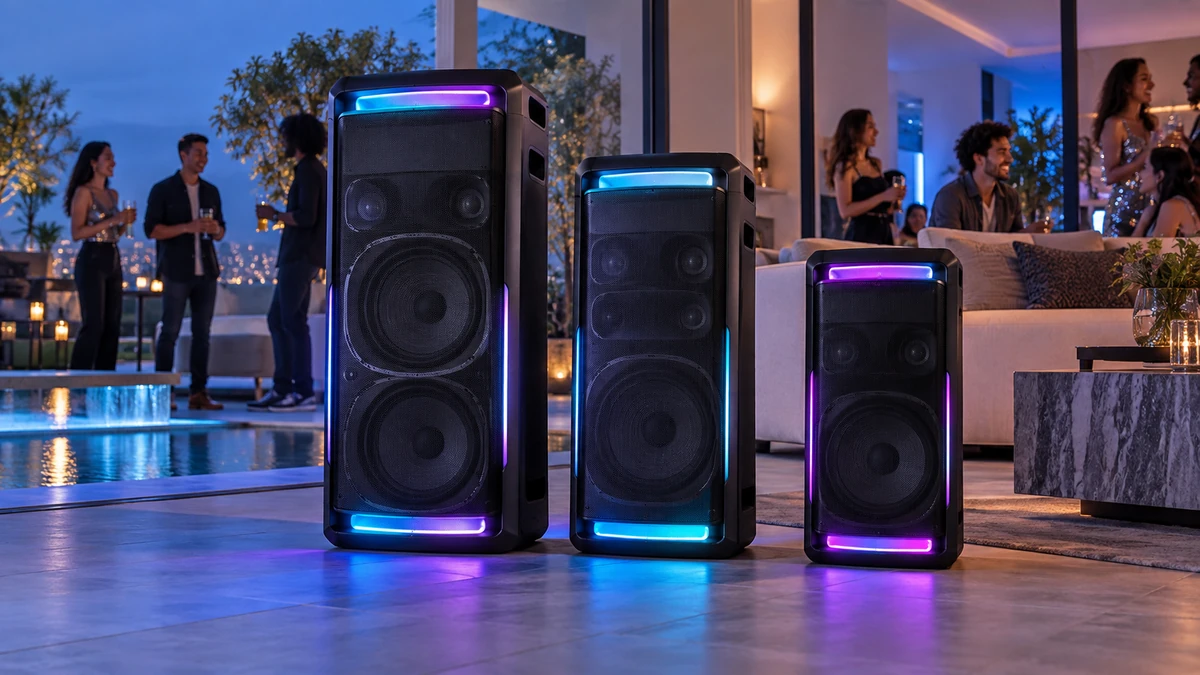 Toàn cảnh ba mẫu Sony ULT TOWER MAX, ULT TOWER 7 và ULT TOWER 5 đặt cạnh nhau trong không gian tiệc hiện đại, thể hiện rõ khác biệt kích thước và hệ thống đèn