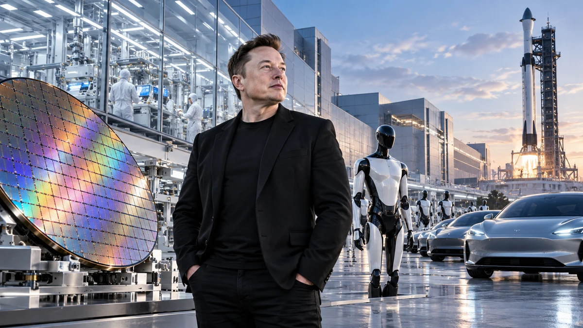 Elon Musk đứng trước tổ hợp nhà máy bán dẫn Terafab tương lai, kết hợp hình ảnh wafer chip với Tesla, robot Optimus và tên lửa SpaceX trong bối cảnh công nghệ cao