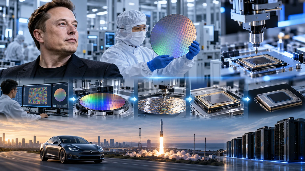 Minh họa chuỗi sản xuất Terafab từ thiết kế chip, wafer, đóng gói tiên tiến đến chip hoàn thiện dành cho Tesla, SpaceX và xAI