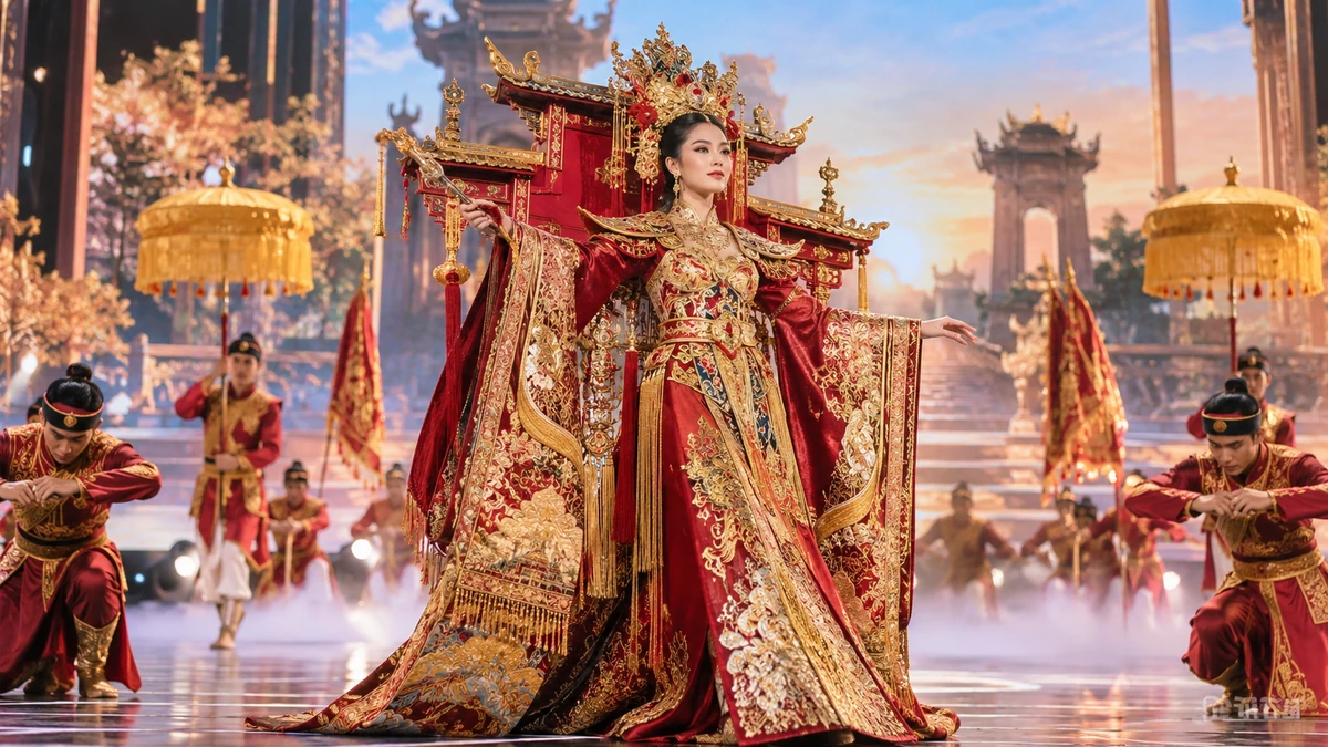 Toàn cảnh Emoura Phạm trình diễn Vinh Quy Bái Tổ trên sân khấu National Costume, bắt trọn hình khối trang phục và thần thái tự tin